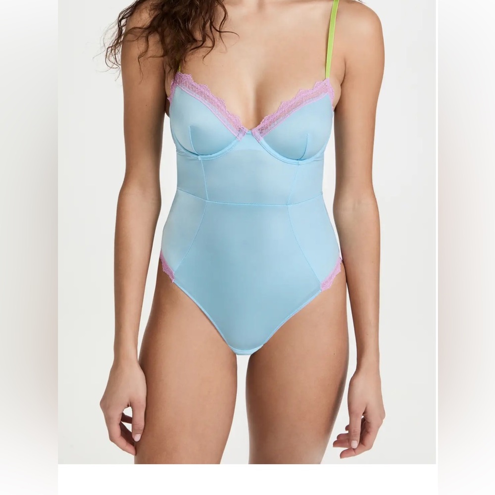 Light Blue Lace-Trim Bodysuit with Pink Accents